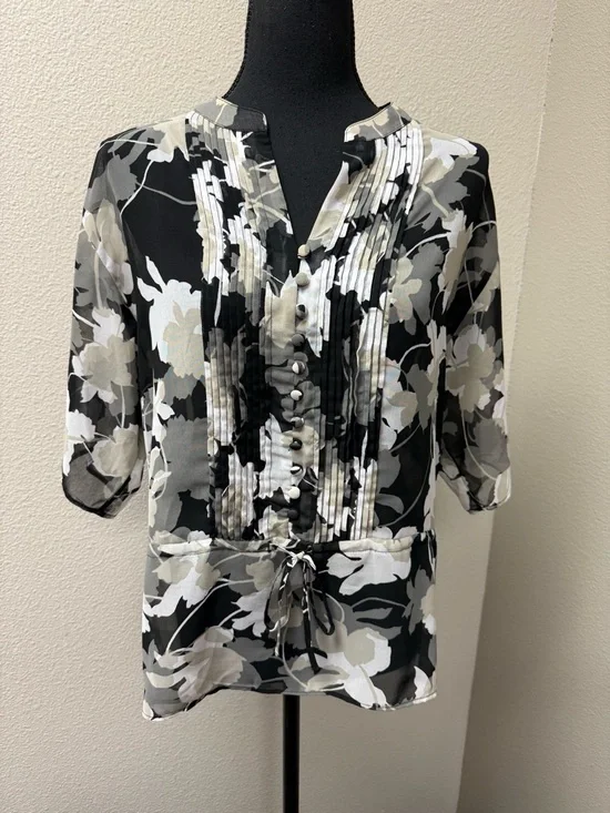 Banana Republic Floral Blouse Small Sheer Pleated Button Boho Tie Waist Top - Picture 2 of 11